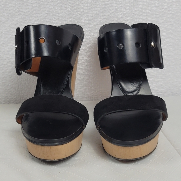 Sergio Rossi Suede Leather Buckle Wood Platform Cone Heels Slides Sandals Sz 37 - Picture 5 of 15